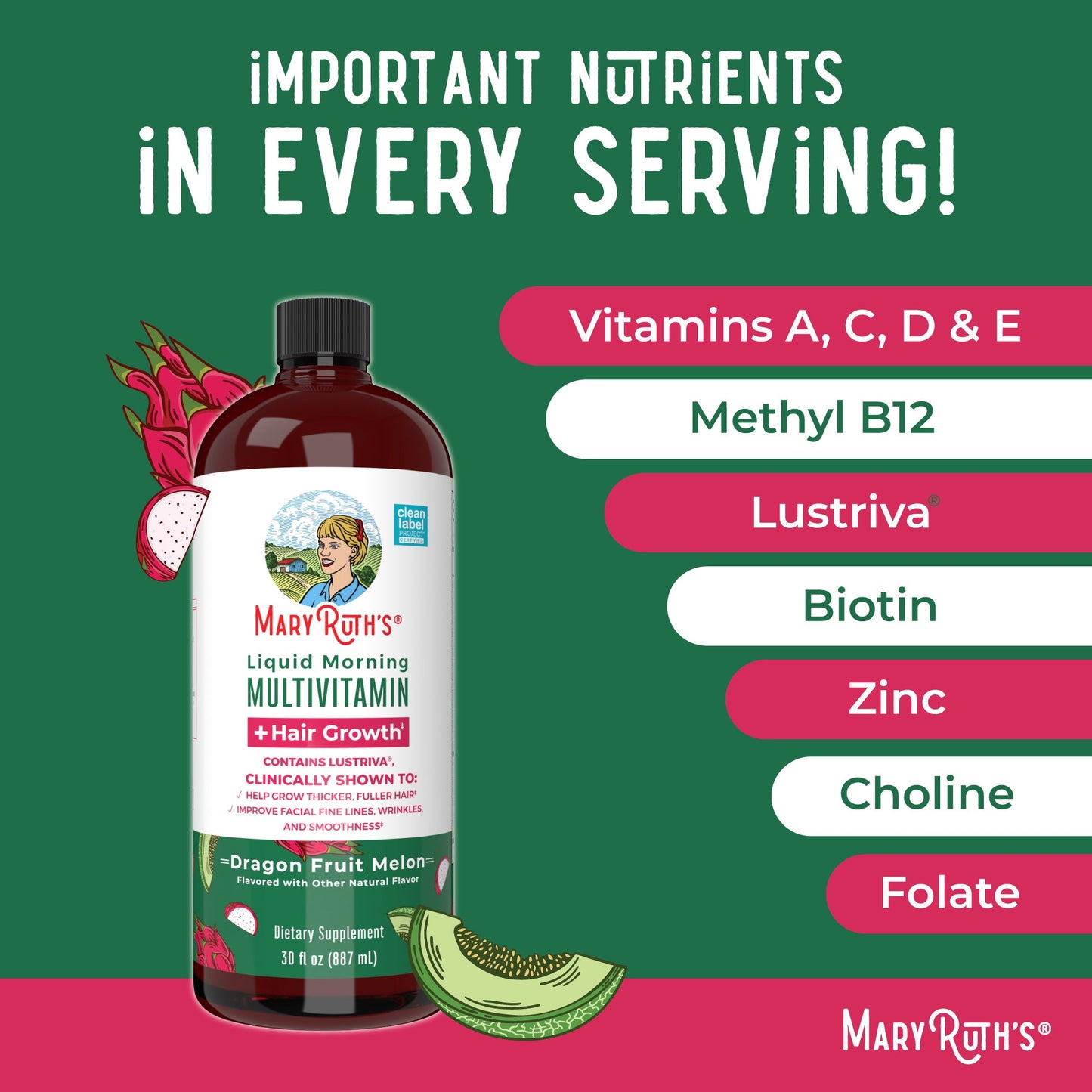 Liquid Morning Multivitamin + Hair Growth (Dragon Fruit Melon)